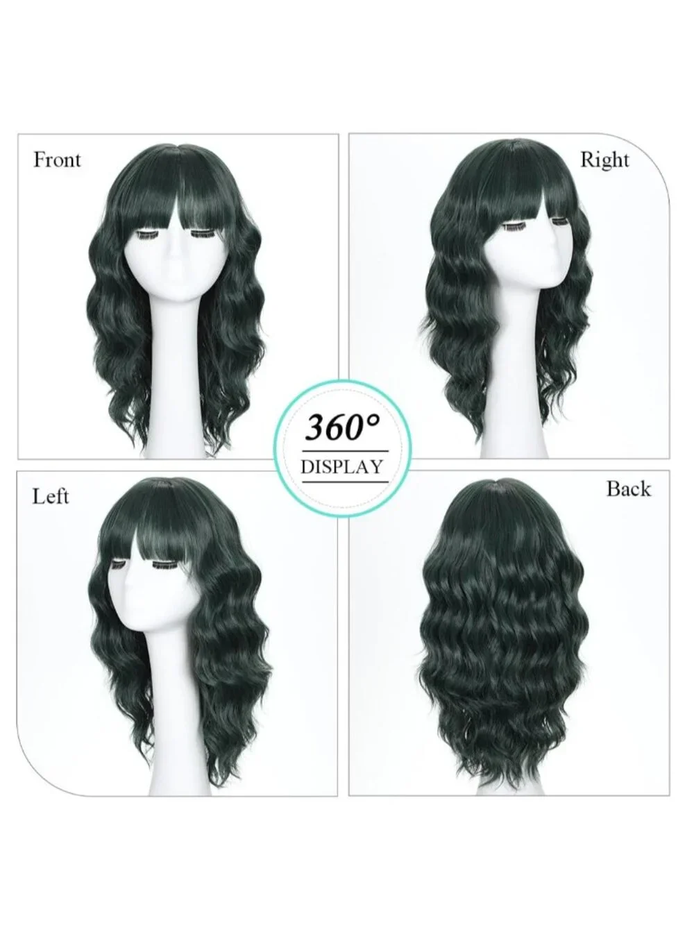 Women's Dark Green 16 Inch Wavy Wig Bangs Shoulder Length Synthetic Hair